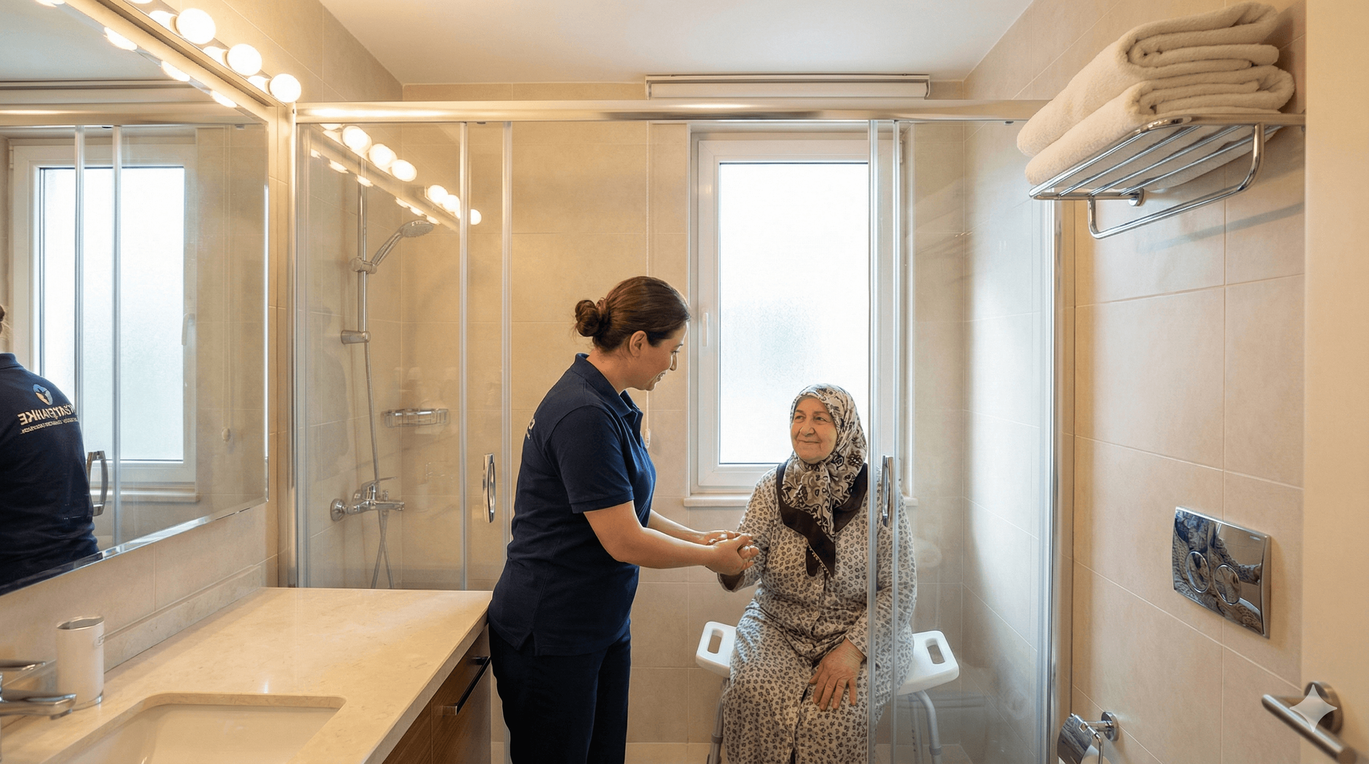 İstanbul'da aydınlık ve modern bir ev banyosunda, profesyonel bir kadın bakıcı gülümseyen yaşlı bir teyzenin ellerini şefkatle tutuyor.